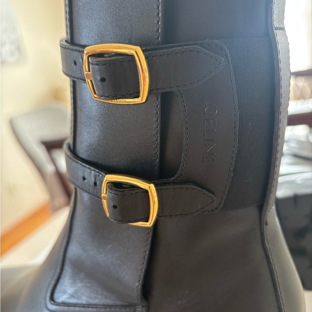 Celine Black Platform Boots with Gold Buckles - Picture 4 of 5
